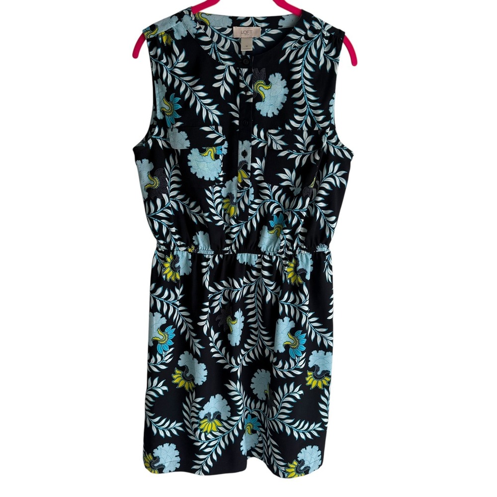 LOFT OUTLET Navy Blue Floral Sleeveless Ladies Sheath Dress, M